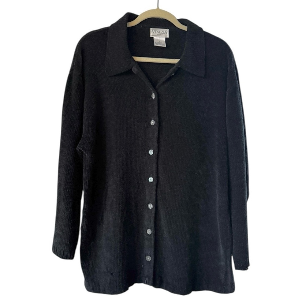 Venezia Black Button-Up Shirt Chenille Knit Cardigan Oversized Medium Cozy Soft